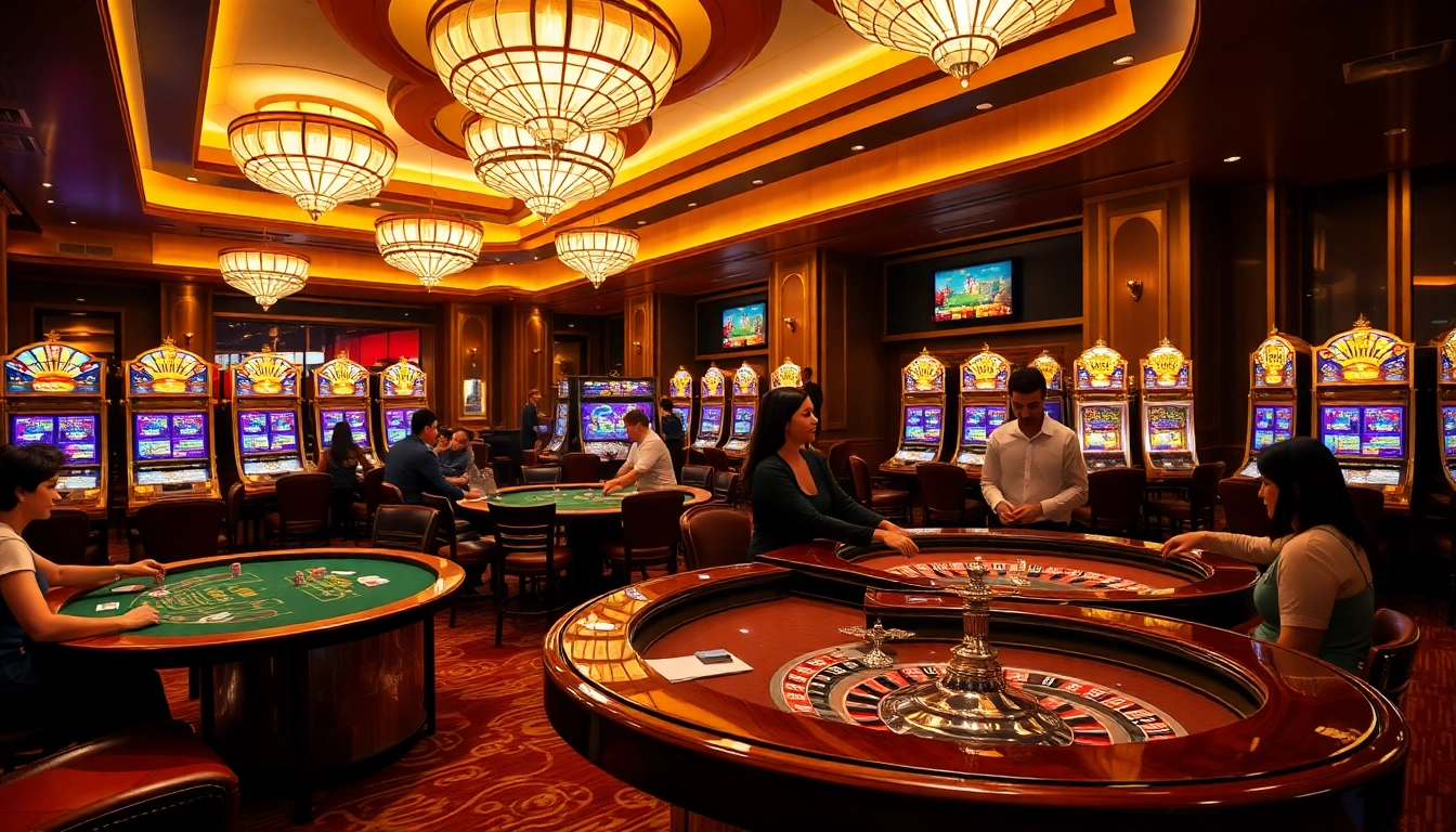 KJC gaming area filled with enthusiastic gamblers, vibrant poker chips, dice, and roulette excitement.