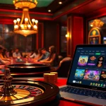 Players enjoying high-stakes poker on the luck8 casino platform, surrounded by vibrant chips and cards.