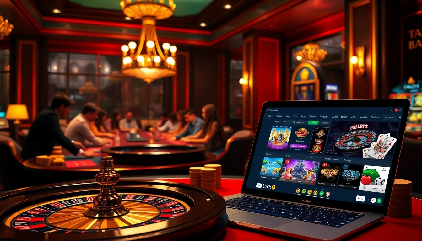 Players enjoying high-stakes poker on the luck8 casino platform, surrounded by vibrant chips and cards.