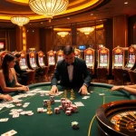 Players enjoying high-stakes games at 13Win's luxurious casino, showcasing cards and poker chips.