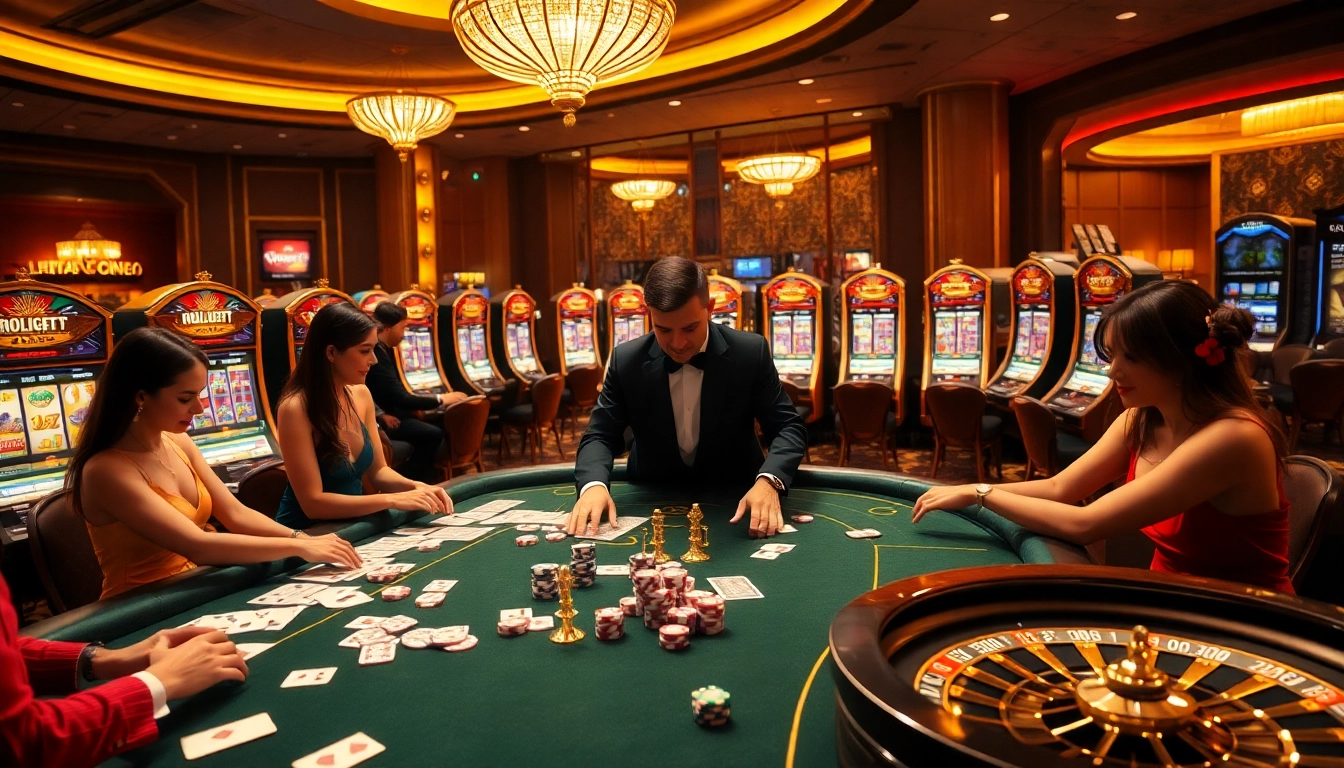 Players enjoying high-stakes games at 13Win's luxurious casino, showcasing cards and poker chips.