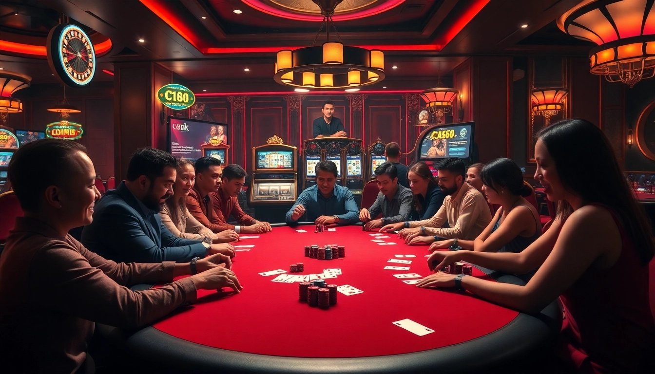 Players immerse in high-stakes poker excitement at C168 casino, showcasing vibrant tables and thrilling action.