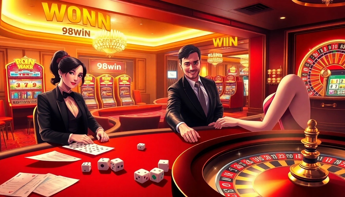 Players strategize their next move at the casino tables of 98win, surrounded by excitement and riches.