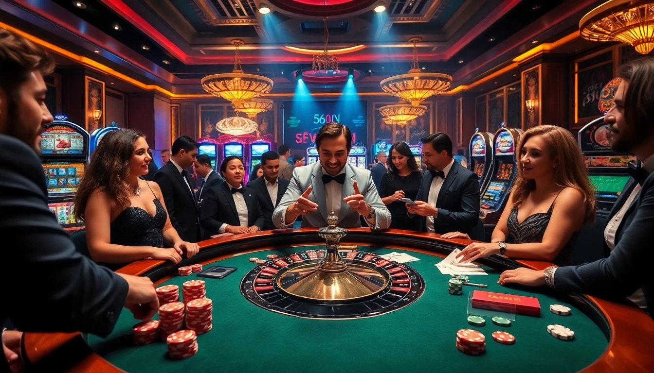 Experience the thrill of 56WIN with vibrant casino action featuring roulette and excited players.