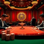 KJC high-stakes poker scene depicting luxury casino action with professional players and vibrant decor.