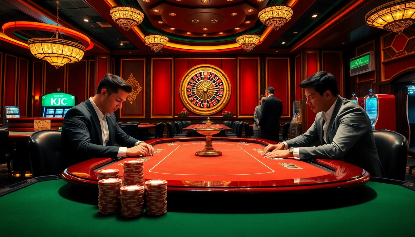 KJC high-stakes poker scene depicting luxury casino action with professional players and vibrant decor.