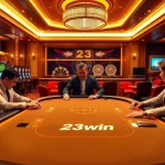Players enjoying a thrilling poker game at 23win's luxurious casino atmosphere.