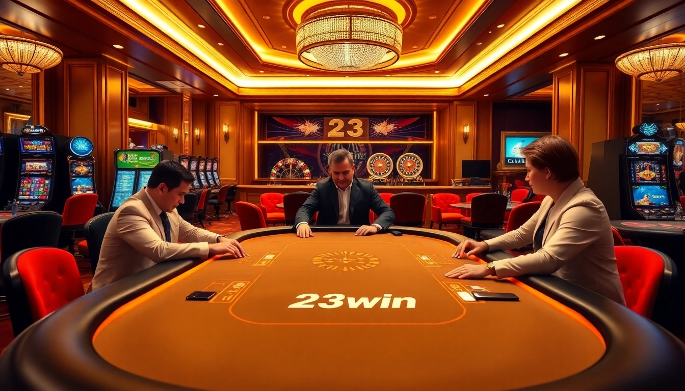 Players enjoying a thrilling poker game at 23win's luxurious casino atmosphere.