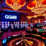 Gamble at GG88's luxurious casino with vibrant slot machines and poker tables.
