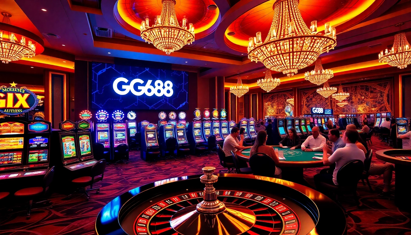 Gamble at GG88's luxurious casino with vibrant slot machines and poker tables.
