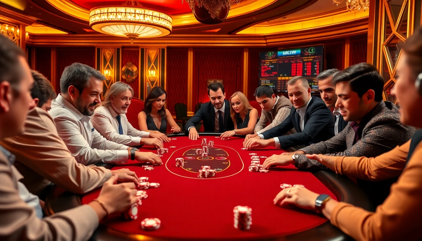 High-stakes poker action at https://sunwin.builders/, featuring intense players and vibrant casino decor.