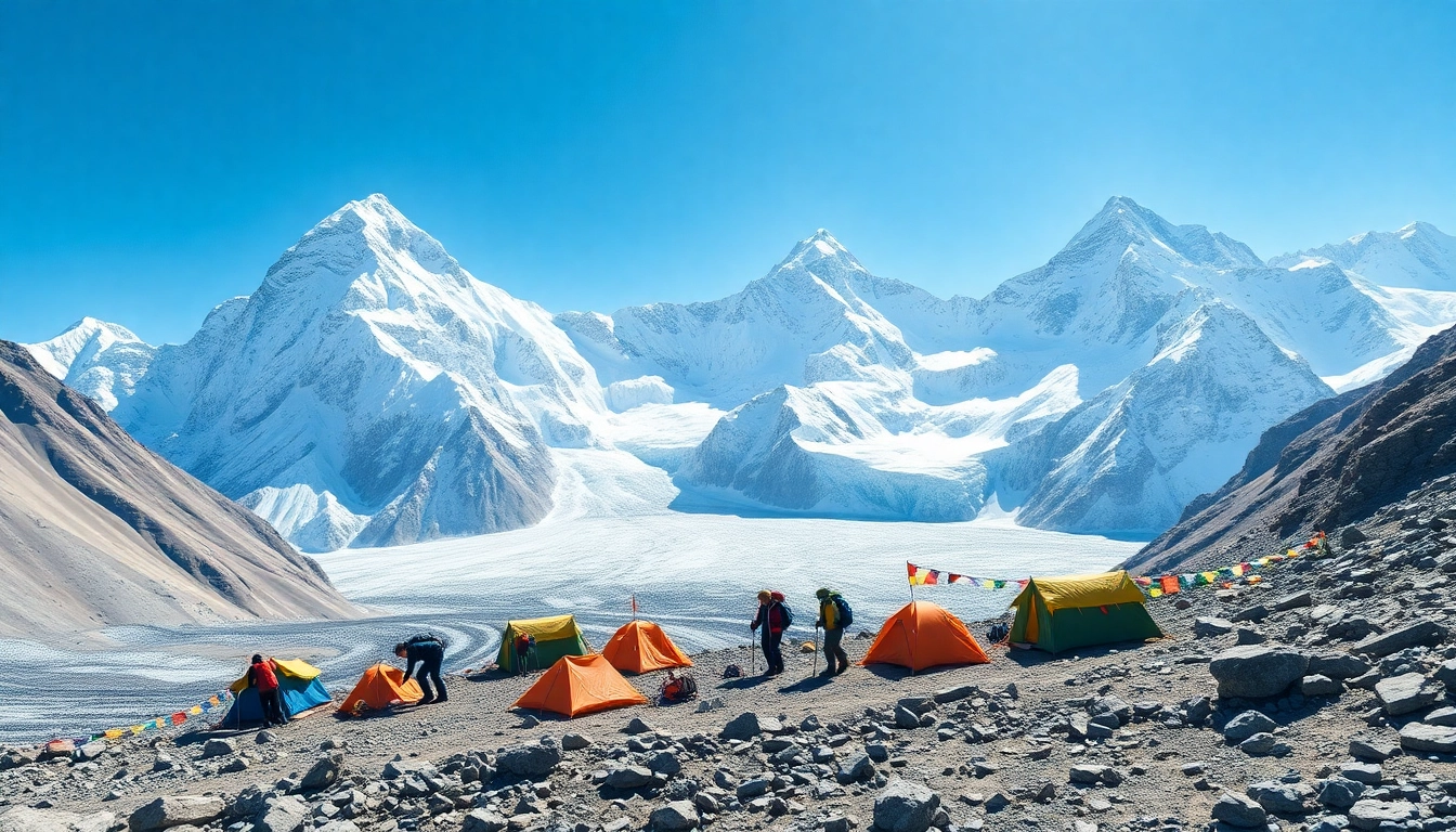 Stunning view of Everest Base Camp with trekkers, colorful prayer flags, and majestic snow-capped peaks.
