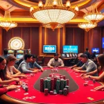 Experience the thrill of RR88 at a luxurious casino poker table with engaged players.
