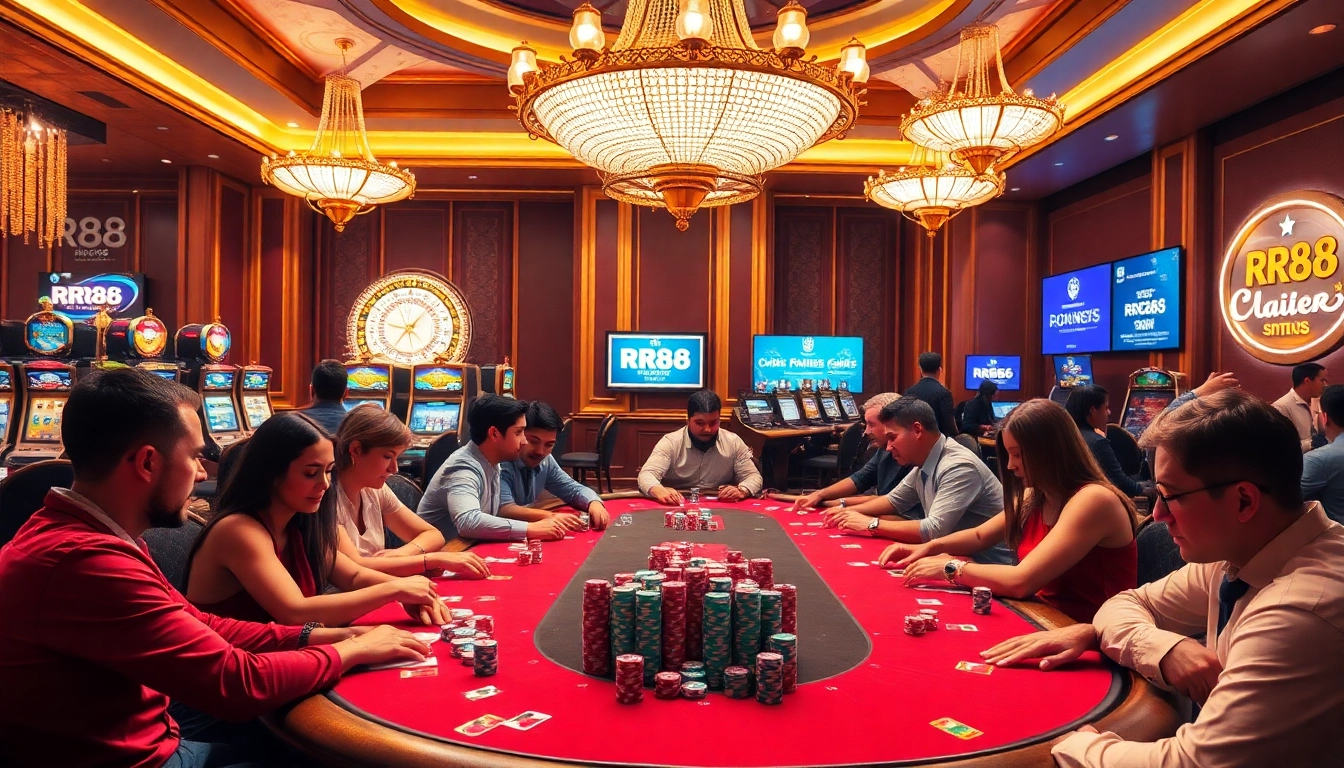 Experience the thrill of RR88 at a luxurious casino poker table with engaged players.