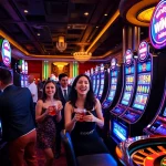 win88 nổ hũ players enjoying a thrilling slot machine experience in a vibrant casino setting.