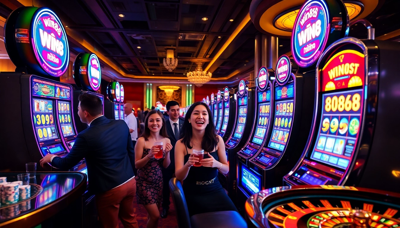 win88 nổ hũ players enjoying a thrilling slot machine experience in a vibrant casino setting.