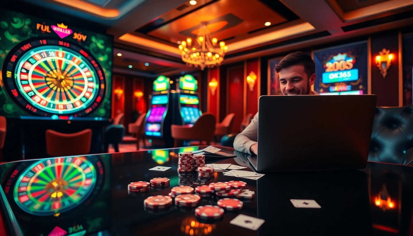 Experience the thrill of playing at OK365 with vibrant casino elements and digital interfaces.