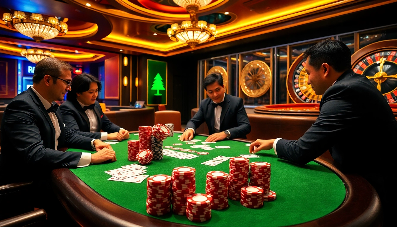Engaged players in a high-stakes poker game at Nhà cái DF999 casino, showcasing excitement and luxury.