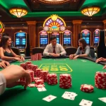 Engaging players at Mu88 casino table overflowing with poker chips and playing cards.