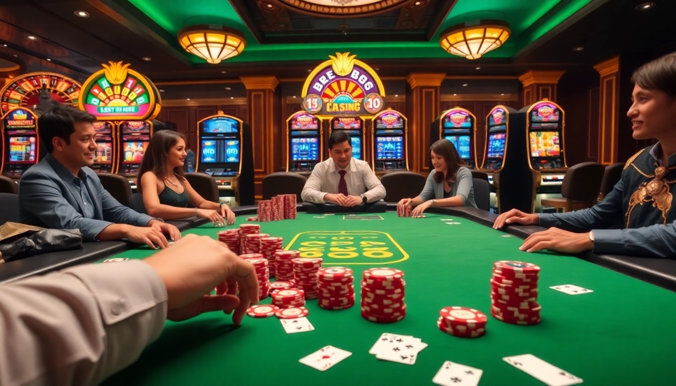 Engaging players at Mu88 casino table overflowing with poker chips and playing cards.