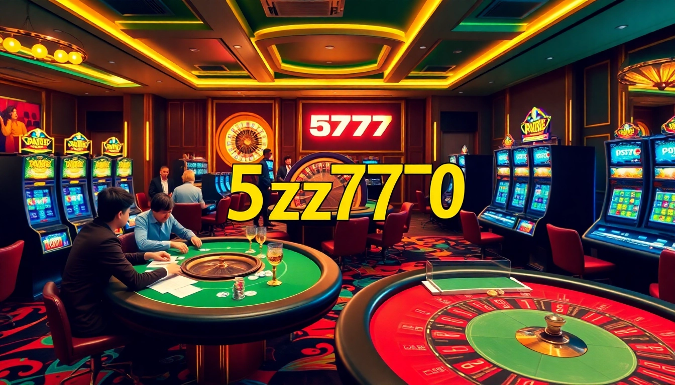 Experience the excitement of 5z777 at a vibrant casino with players at poker tables.
