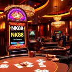 Engaging elite gamblers at the NK88 slot machine surrounded by vibrant casino elements.
