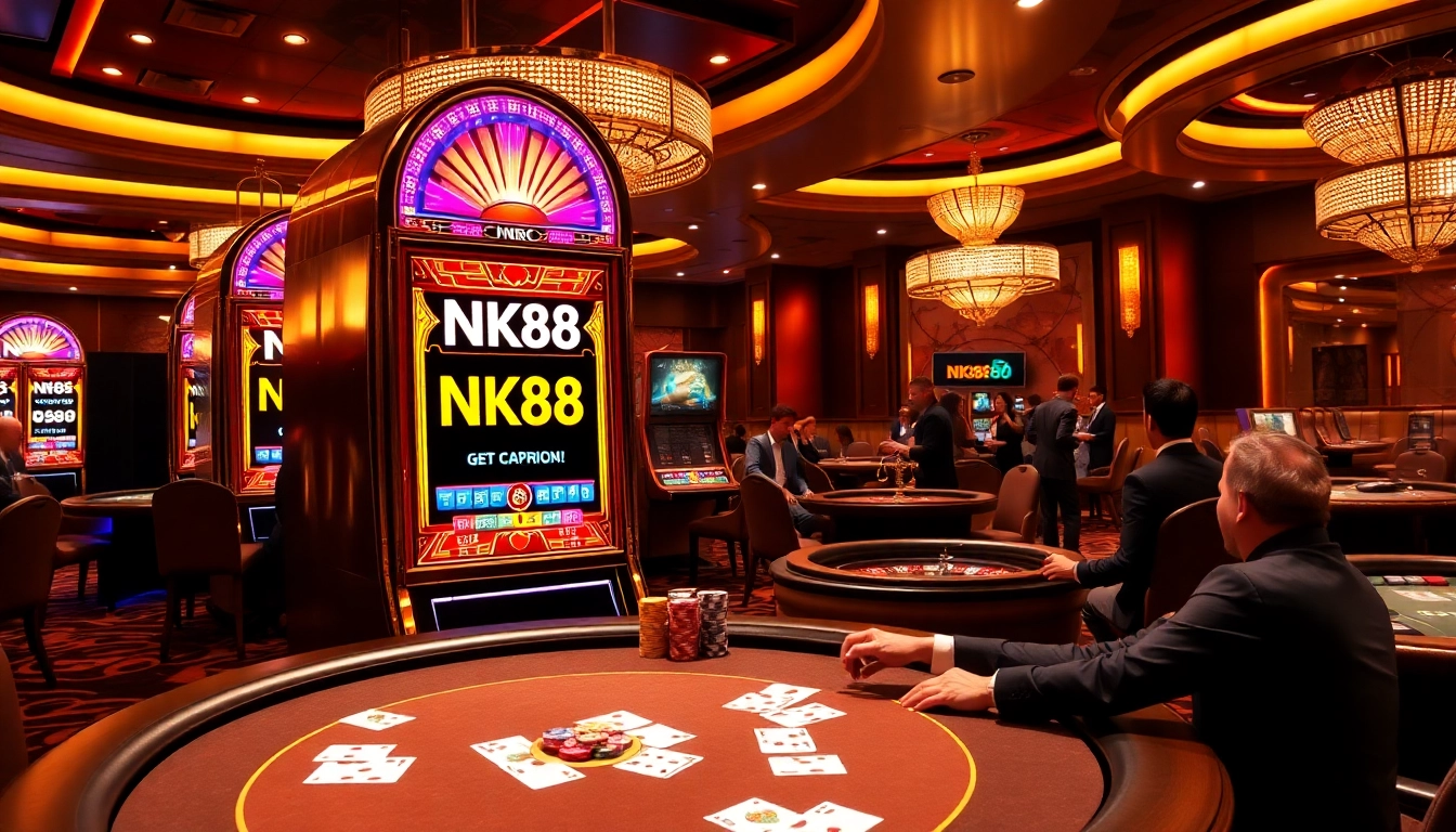 Engaging elite gamblers at the NK88 slot machine surrounded by vibrant casino elements.