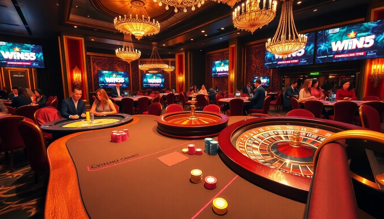 Players engage at a colorful poker table while experiencing excitement at win55 casino.