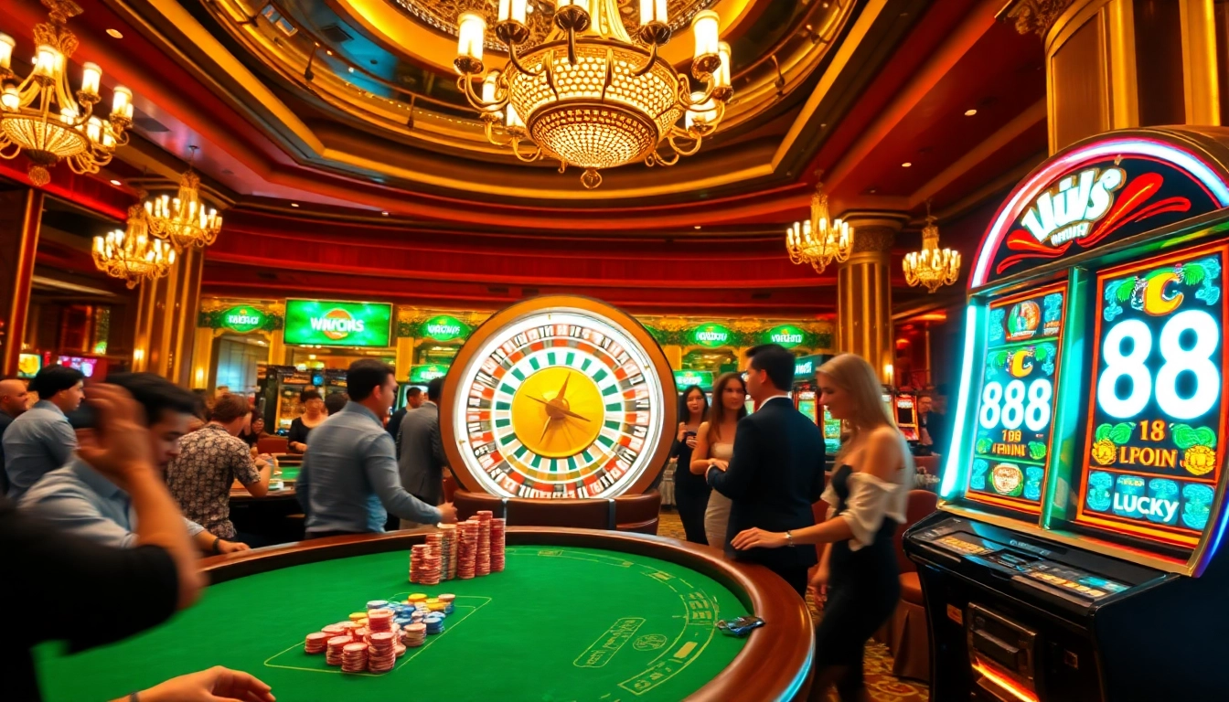 Players enjoying the excitement of uu88 in a vibrant casino with roulette and poker tables.