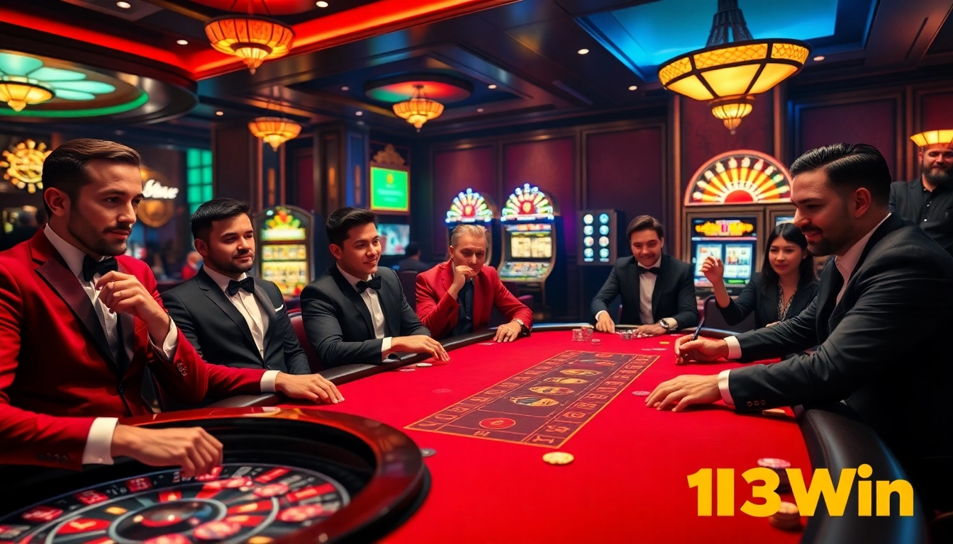 Experience the excitement of winning at 13Win's luxurious casino, with poker tables and vibrant slot machines.