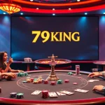 Experience the thrill of 79KING with vibrant casino elements, including poker chips and roulette.