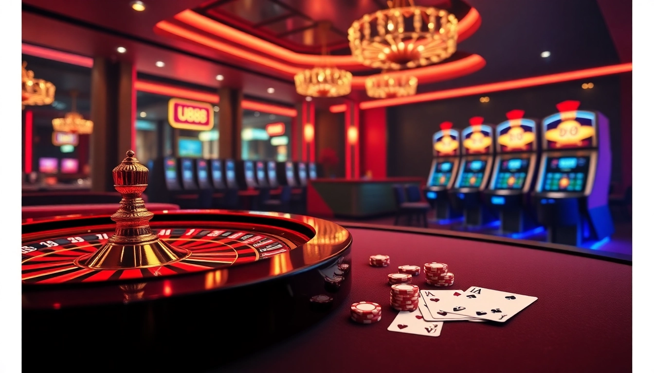 Players enjoying online games at https://u8888.bio/, featuring exciting slot machines and vibrant casino tables.