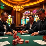 FEBET players strategizing at an upscale poker table in a vibrant casino atmosphere.