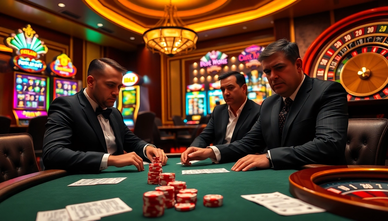 FEBET players strategizing at an upscale poker table in a vibrant casino atmosphere.