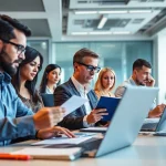 Conducting background checks with a diverse team in a modern office setting.
