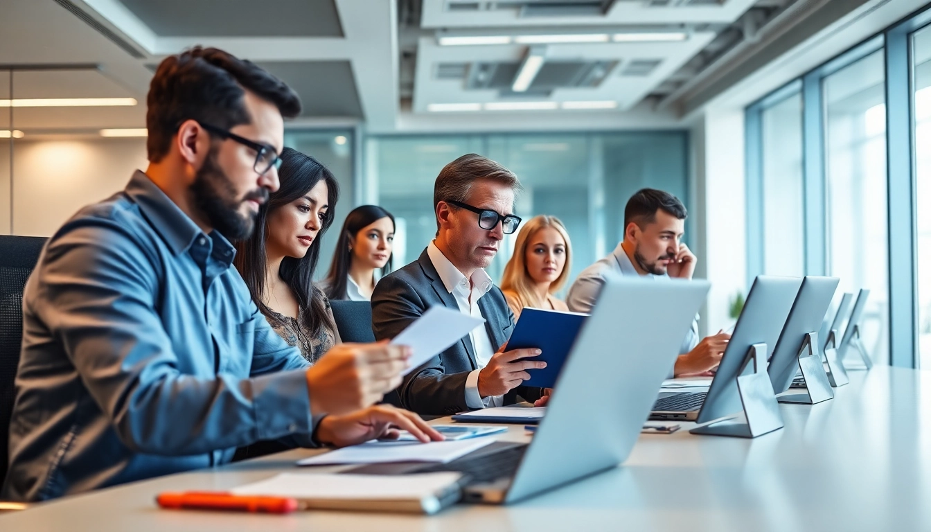 Conducting background checks with a diverse team in a modern office setting.