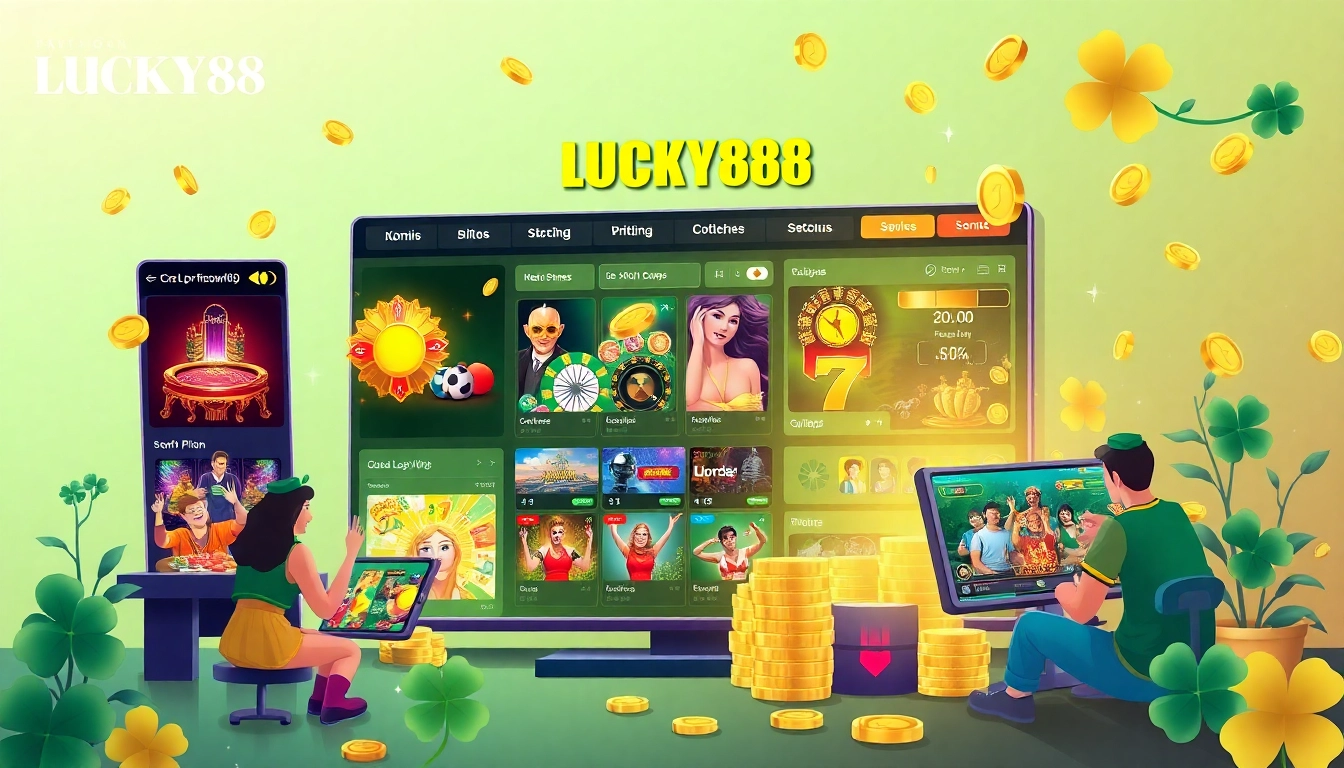 Exciting online gambling scene at LUCKY88 showcasing games, vibrant colors, and players engaged in fun betting.