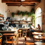 Vue chaleureuse d'un Coffee shop lloret de mar, avec des clients savourant leur café dans une ambiance accueillante.