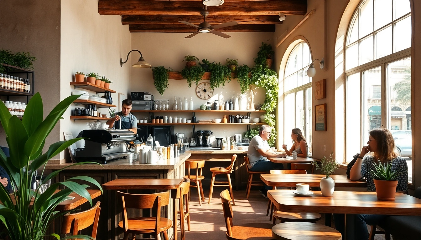 Vue chaleureuse d'un Coffee shop lloret de mar, avec des clients savourant leur café dans une ambiance accueillante.