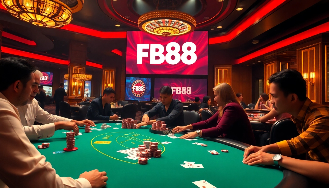 Engage with thrilling poker action at Fb88 casino, showcasing vibrant atmosphere and chips.