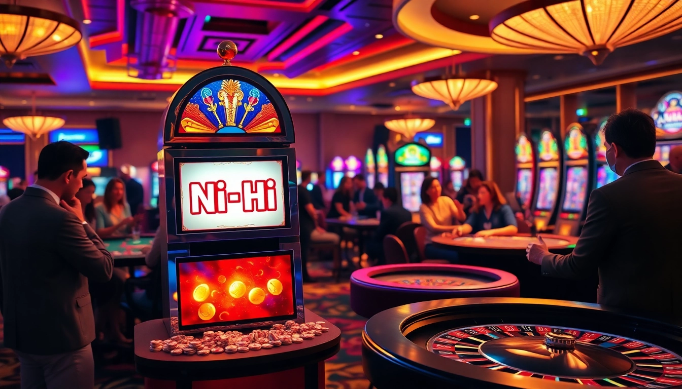 Nổ Hũ themed slot machine in a vibrant casino setting with happy players and bright casino lights.