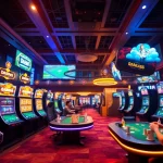 da88 digital casino with vibrant slot machines, poker tables, and sports betting screens in an engaging online gaming environment.