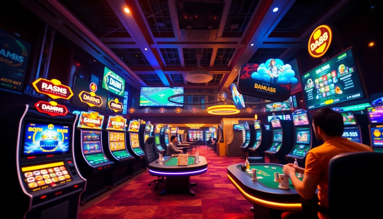 da88 digital casino with vibrant slot machines, poker tables, and sports betting screens in an engaging online gaming environment.