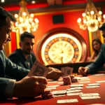 S8 poker table action with players focused on a high-stakes game in a luxurious casino setting.