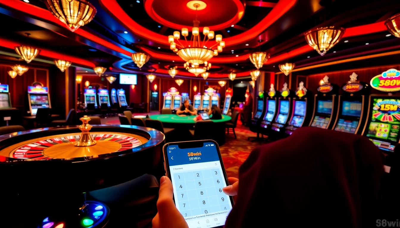 Accessing 58win com đăng nhập at a luxurious casino environment with vibrant games and rich colors.