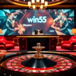 Win55 immersive online casino experience featuring vibrant gambling elements and a live dealer.