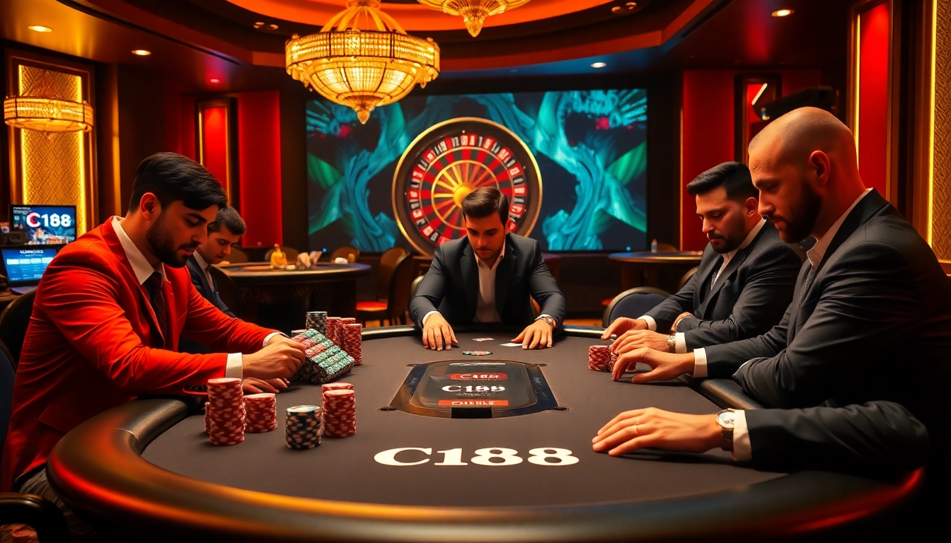 C168 poker players engage in a thrilling game at a luxurious casino table.