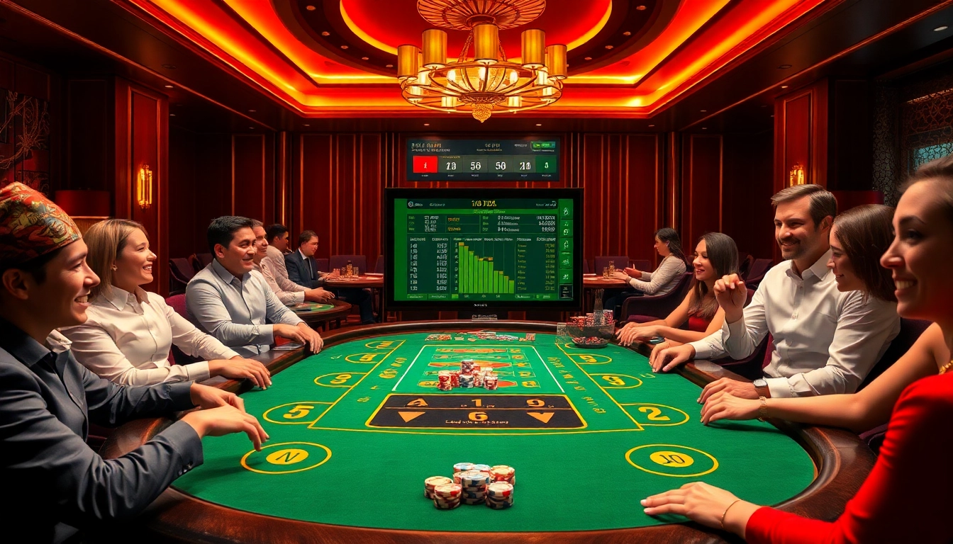 Tài xỉu MD5 table in a luxurious casino setting with players enjoying the game.