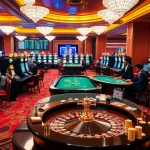 Engage in exciting gambling action at tại hello88 with players at poker tables and vibrant slot machines.