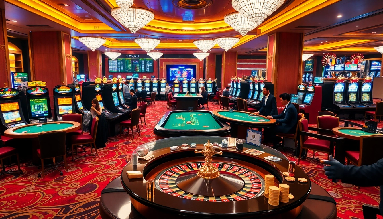 Engage in exciting gambling action at tại hello88 with players at poker tables and vibrant slot machines.